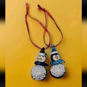 Penguin Snowball Belly Snowman Blown Glass Ornaments Set Of 2 Rare Handmade Vtg